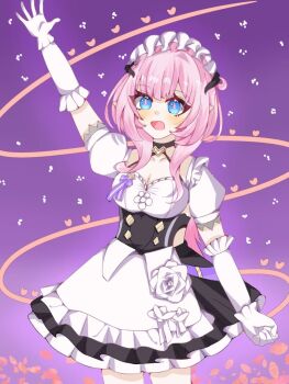 Rule 34 | 1girl, apron, black dress, black horns, breasts, cleavage, commentary, diamond-shaped pupils, diamond (shape), dress, elf, elysia (honkai impact), elysia (miss pink) (honkai impact), elysia (miss pink elf) (honkai impact), fake horns, falling petals, gloves, highres, honkai (series), honkai impact 3rd, horns, klmyt524, large breasts, long hair, looking at viewer, maid, maid apron, maid headdress, official alternate costume, petals, pink hair, pointy ears, purple background, solo, symbol-shaped pupils, very long hair, white apron, white gloves