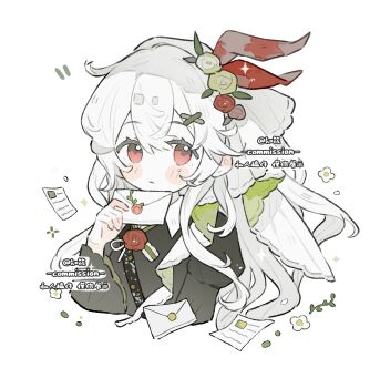 1girl black_dress blush_stickers closed_mouth commission cropped_torso double-parted_bangs dress flower hair_between_eyes hair_flower hair_ornament hair_ribbon highres holding holding_letter letter long_hair long_sleeves looking_at_viewer original red_eyes red_ribbon ribbon simple_background solo watermark white_background white_hair wide_sleeves zhixiao