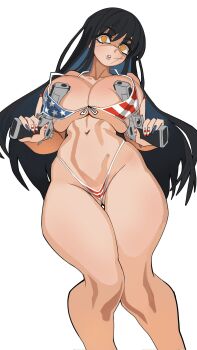 1girl alternate_breast_size_(larger) american_flag american_flag_bikini american_flag_print bikini black_hair breasts chainsaw_man choppy_bangs collarbone commentary cowboy_shot cross_scar dual_wielding facial_scar flag_nails flag_print flag_print_bikini gluteal_fold gun highleg highleg_bikini highres holding holding_gun holding_weapon huge_breasts long_hair looking_at_viewer multicolored_nails nail_polish navel nezo parted_lips print_bikini ringed_eyes scar scar_on_cheek scar_on_face scar_on_nose simple_background solo stomach swimsuit weapon white_background yellow_eyes yoru_(chainsaw_man)