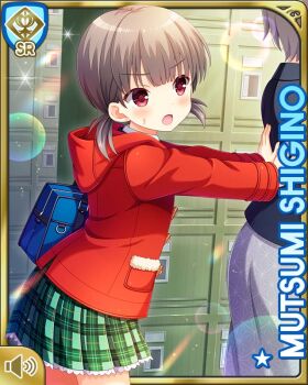 2girls :o blazer blue_jacket bow bowtie brown_hair card_(medium) classroom coat evening frilled_skirt frills girlfriend_(kari) green_bow jacket looking_at_viewer mother_and_daughter multiple_girls official_art plaid_clothes plaid_skirt pleated_skirt qp:flapper red_coat red_eyes school school_uniform shigino_mutsumi shirt short_twintails shoving silver_hair skirt socks standing sunset twintails v-shaped_eyebrows white_shirt