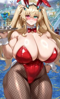 2girls abs absurdres animal_ears barghest_(fate) biceps blonde_hair blush bow bowtie breasts brown_pantyhose cocktail_glass covered_navel cup detached_collar drinking_glass fake_animal_ears fake_tail fate/grand_order fate_(series) fishnet_pantyhose fishnets green_eyes heterochromia highleg highleg_leotard highres huge_breasts leotard long_hair looking_at_viewer melusine_(fate) multiple_girls muscular muscular_female pantyhose playboy_bunny rabbit_ears rabbit_tail raskasar red_eyes red_leotard smile solo_focus tail thick_thighs thighs tray twintails wrist_cuffs