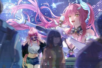 Rule 34 | 1girl, :p, absurdres, aemeath (wuthering waves), ahoge, alternate costume, bare shoulders, beamed eighth notes, black choker, black jacket, breasts, chinese commentary, choker, collarbone, commentary request, denim, denim shorts, elbow gloves, floating hair, gloves, hair ornament, highres, holding, holding microphone, jacket, long hair, looking at viewer, medium breasts, microphone, midriff, mole, mole on shoulder, musical note, navel, open mouth, orange eyes, people, pink hair, ponytail, removing eyewear, round eyewear, shirt, shorts, smile, solo focus, sunglasses, tongue, tongue out, twitter username, white gloves, white shirt, wuthering waves, yilubixi