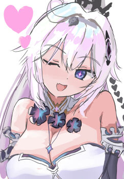 Rule 34 | 1girl, ;o, ahoge, bare shoulders, blue eyes, breasts, cleavage, commentary request, dress, fang, heart, high ponytail, highres, honkai (series), honkai impact 3rd, kiana kaslana, kiana kaslana (herrscher of finality), large breasts, long hair, masita (kcsf3528), one eye closed, ponytail, skin fang, solo, tiara, upper body, very long hair, white dress, white hair