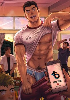 5boys :d abs bara bare_pectorals bird black_eyes black_hair black_shirt blonde_hair blue_male_underwear blush brown_hair bulge cellphone closed_eyes clothes_lift clothes_pull hand_up highres holding holding_phone large_pectorals looking_at_another male_focus male_underwear multiple_boys muscular muscular_male navel navel_hair nipples open_clothes open_mouth original out_of_frame pants pants_pull partially_undressed pectorals phone presenting_pectorals pulling_own_clothes recording shirt shirt_lift short_hair sideburns smartphone smile solo_focus suamaru sunset sweatpants thick_eyebrows underwear undressing white_shirt