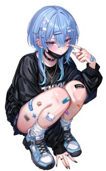 1girl absurdres bandaid bandaid_on_finger bandaid_on_hand bandaid_on_thigh barcode barcode_tattoo belt belt_collar black_belt black_choker black_collar black_jacket black_mask black_nails blue_eyes blue_hair blue_shoes blue_skirt blush choker closed_mouth collar crown_hair_ornament ear_piercing eyeshadow facial_mark fingernails frown hair_between_eyes hair_ornament hairclip highres hololive hoshimachi_suisei jacket jewelry knees_up leg_tattoo lollipop_hair_ornament long_hair long_sleeves looking_at_viewer makeup mask mask_lift mouth_mask multiple_rings nail_art nail_polish necklace piercing pink_eyeshadow pink_lips plaid_clothes plaid_skirt ring sa-ya2 shoes simple_background skirt socks solo squatting star_(symbol) star_facial_mark star_in_eye star_necklace symbol_in_eye takoyaki_(hoshimachi_suisei) tattoo thighs transparent_background virtual_youtuber white_socks
