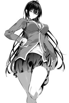 1girl black_hair breasts cowboy_shot hair_ribbon haite_kudasai_takamine-san hand_on_own_hip highres hiiragi_yuuichi jacket large_breasts long_hair one_eye_closed pleated_skirt ribbon school_uniform shoes skirt solo sweater takamine_takane