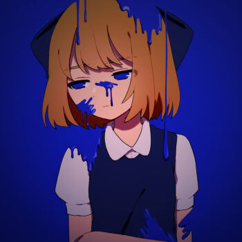 Rule 34 | 1girl, alternate costume, alternate universe, blonde hair, blue background, blue eyes, bow, collared shirt, dress, facing viewer, frown, hair bow, half-closed eyes, looking to the side, miromoppara-kun, mother (series), mother 2, nintendo, paint in hair, paint splatter, paint splatter on face, paula (mother 2), pinafore dress, puffy short sleeves, puffy sleeves, shirt, short sleeves, sleeveless dress, solo, upper body