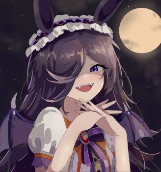 1girl animal_ears bat_wings blush bow brown_hair ddrawins fangs flipped_hair frilled_hairband frills full_moon hair_over_one_eye hairband halloween halloween_costume highres horse_ears horse_girl interlocked_fingers long_hair looking_at_viewer moon night night_sky official_alternate_costume open_mouth puffy_sleeves purple_eyes purple_wings rice_shower_(make_up_vampire!)_(umamusume) rice_shower_(umamusume) shirt short_sleeves sky smile solo teeth umamusume upper_body upper_teeth_only white_shirt wings