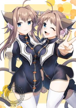 Rule 34 | 2girls, :3, ;3, ahoge, amatsuki colors, animal ear fluff, animal ears, blue eyes, breasts, brown hair, cat ears, cat girl, cat tail, closed mouth, commentary request, highres, liesearia (nanoha), lieselotte (nanoha), long hair, looking at viewer, lyrical nanoha, mahou shoujo lyrical nanoha, mahou shoujo lyrical nanoha a&#039;s, medium breasts, multiple girls, one eye closed, open mouth, short hair, siblings, sisters, smile, tail, thighhighs, twins, twitter username, white thighhighs, zettai ryouiki