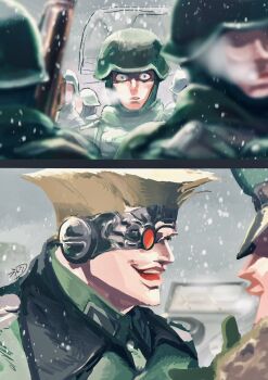 2boys artificial_eye battle_tendency blonde_hair combat_helmet commentary_request cyborg hat helmet highres jojo_no_kimyou_na_bouken mechanical_eye military_uniform mmy_816 multiple_boys peaked_cap rudolph_von_stroheim snow snowing stahlhelm wehrmacht