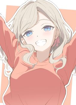 Rule 34 | 1girl, :d, absurdres, arms up, blue eyes, border, ceras yanagida lilienfeld, commentary request, grey hair, grin, hair ribbon, highres, hood, hood down, hoodie, jumping, link! like! love live!, long hair, looking at viewer, love live!, miyake miu, morio (mmorio mu), open mouth, orange background, orange hoodie, outline, outside border, pink ribbon, ribbon, seeno de! hasu no sora!, simple background, smile, solo, upper body, voice actor connection, white border, white outline