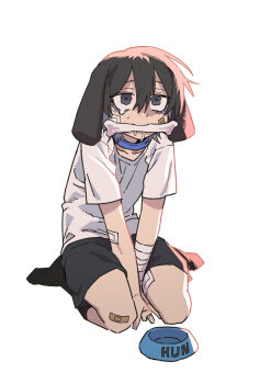 Rule 34 | 1boy, absurdres, animal ears, bandaid, bandaid on face, bandaid on knee, bandaid on leg, black eyes, black hair, black shorts, black socks, bone in mouth, bowl, collar, dog boy, dog ears, feral instincts, floppy ears, highres, lee hoon, looking at viewer, parkgee, pet bowl, saliva, shorts, simple background, socks, solo, suicide boy, tearing up, wavy eyes, white background