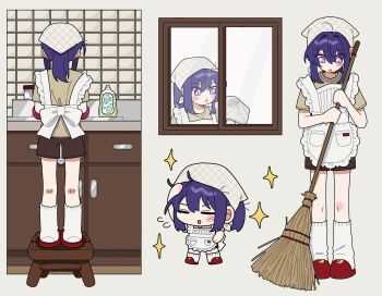Rule 34 | 1boy, :d, :o, ahoge, apron, back bow, blush, bow, broom, brown shorts, casual, chibi, cleaning, cleaning rag, cleaning windows, commentary request, dishwashing, dishwashing soap, double-parted bangs, ensemble stars!, flying sweatdrops, frilled apron, frills, from behind, full body, grey background, hair between eyes, hair intakes, headscarf, highres, holding, holding broom, indoors, kanzaki souma, kneehighs, korean commentary, loose socks, male focus, messy hair, multiple views, open mouth, ponytail, purple eyes, purple hair, red slippers, shirt, shorts, sidelocks, slippers, smile, socks, sparkle, standing, step stool, sweeping, t-shirt, through window, v-shaped eyebrows, white apron, white bow, white socks, window, wiping sweat, xiwivixi, yellow shirt