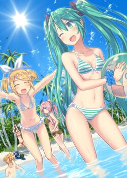 2boys 4girls akita_neru ball beach bikini blindfold blonde_hair blue_hair blue_scarf brown_hair closed_eyes dutch_angle food front-tie_top fruit green_eyes green_hair hachune_miku hair_ornament hair_ribbon hairclip hatsune_miku headphones highres hiraga_matsuri hirasato kagamine_len kagamine_rin kaito_(vocaloid) long_hair megurine_luka meiko_(vocaloid) multiple_boys multiple_girls navel one_eye_closed open_mouth palm_tree pink_hair polka_dot polka_dot_bikini polka_dot_swimsuit ponytail project_diva_(series) ribbon scarf shiny_skin striped_bikini striped_clothes suikawari swimsuit tree twintails very_long_hair vocaloid wading water watermelon wink yowane_haku