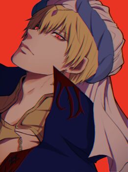 Rule 34 | 1boy, blonde hair, close-up, closed mouth, commentary request, dutch angle, earrings, fate (series), gilgamesh, gilgamesh (caster) (fate), gilgamesh (fate), hair between eyes, highres, jewelry, looking at viewer, male focus, okamakama2, red background, red eyes, short hair, simple background, solo, turban, white turban