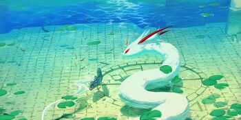 Rule 34 | absurdres, animal focus, art fight attack, black eyes, borrowed character, caustics, coelacanth, colored sclera, commentary, eel, english commentary, fish, gift art, goldfish, highres, horns, lily pad, no humans, original, red sclera, ripples, sea serpent, shadow, subsurface scattering, swimming, tile floor, tiles, toebeez, wide shot