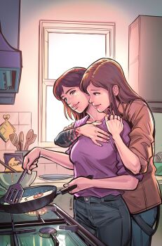2girls afterlaughs alternate_hairstyle arm_tattoo brown_hair chloe_price commission cooking egg_(food) flour food freckles fried_egg frying_pan green_eyes highres holding holding_frying_pan holding_spatula hug hug_from_behind kitchen life_is_strange_(series) life_is_strange_1 long_hair max_caulfield medium_hair multiple_girls purple_shirt shirt smile spatula stove tattoo window yuri