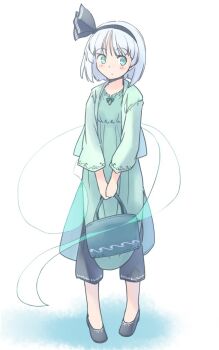1girl alternate_costume bag black_hairband black_pants black_ribbon black_shoes blush closed_mouth commentary_request dot_mouth dress full_body green_dress green_eyes green_jacket grey_hair hair_ribbon hairband handbag holding holding_bag jacket konpaku_youmu konpaku_youmu_(ghost) one-hour_drawing_challenge open_clothes open_jacket pants rangycrow ribbon shoes sideways_glance solo touhou white_background