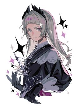 1girl arched_bangs arknights black_gloves black_shirt closed_mouth cropped_torso earrings gloves grey_eyes grey_hair hashtag-only_commentary hatching_(texture) highres irene_(arknights) jewelry light_frown linear_hatching long_hair long_sleeves matsuba_(mtbsbr721) pink_pupils puffy_long_sleeves puffy_sleeves scar scar_across_eye scar_on_face shirt simple_background solo sparkle white_background