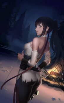 1girl absurdres ass back bad_id bad_pixiv_id bare_shoulders black_hair bow_(weapon) closed_mouth detached_sleeves eyebrows eyelashes female_focus fire from_behind grey_eyes gun halterneck highres holding holding_weapon holster knife lara_croft long_hair looking_back night nuwangyang_(930426) outdoors pine_tree ponytail ribbon-trimmed_sleeves ribbon_trim sash side_ponytail sketch sky solo star_(sky) thigh_holster tomb_raider tomb_raider_(reboot) tree weapon wristband