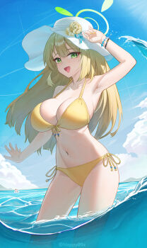 1boy 1girl absurdres arm_up armpits bikini blonde_hair blue_archive breasts chinese_commentary commentary_request doodle_sensei_(blue_archive) flower green_eyes green_halo halo halterneck happy05x hat hat_flower highres huge_breasts long_hair looking_at_viewer mixed-language_commentary mountainous_horizon nonomi_(blue_archive) nonomi_(swimsuit)_(blue_archive) ocean official_alternate_costume open_mouth partial_commentary partially_submerged revision sensei_(blue_archive) side-tie_bikini_bottom string_bikini sun_hat swimsuit triangle_bikini_top very_long_hair white_hat yellow_bikini yellow_flower