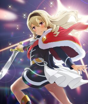 Rule 34 | 1girl, belt, black hairband, blonde hair, blue boots, blue dress, blush, boots, buttons, closed mouth, diffraction spikes, double-breasted, double-parted bangs, dress, from side, fur-trimmed jacket, fur trim, game cg, glint, hairband, holding, holding sword, holding weapon, jacket, jacket on shoulders, knee boots, knee up, lens flare, long sleeves, looking at viewer, official art, red eyes, red jacket, red sash, saijou claudine, sash, shoujo kageki revue starlight, solo, sparkle, star (symbol), sword, third-party source, toji no miko, toji no miko: kizamishi issen no tomoshibi, uneven footing, weapon, yellow belt