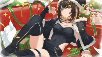 1girl black_boots black_capelet black_choker black_hair black_hat black_leotard black_shorts blonde_streaks boots breasts capelet choker christmas closed_mouth colored_inner_hair commentary_request couch covered_navel fur-trimmed_capelet fur-trimmed_headwear fur_trim game_cg hand_up hat idolmaster idolmaster_shiny_colors ikaruga_luca knee_up leotard looking_at_viewer medium_hair multicolored_hair official_art on_couch reclining santa_hat short_shorts shorts sitting solo streaked_hair thigh_boots thigh_strap third-party_source yellow_eyes