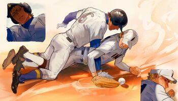 2boys accidental_touch ace_of_diamond awkward ball baseball_(object) baseball_base baseball_cap baseball_field baseball_glove baseball_helmet baseball_jersey baseball_uniform blonde_hair blush bulge bulge_press bulge_to_ass cleats facing_away hat helmet highres isa_(babeyxiao) jersey kuramochi_youichi layered_sleeves male_focus multiple_boys narumiya_mei sportswear yaoi