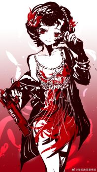 1girl black_coat black_hair closed_mouth coat cowboy_shot dress falling_feathers feather_dress feather_hair_ornament feathers gradient_background gun haibao_tangyuan hair_ornament hairband hand_up handgun highres holding holding_gun holding_weapon jewelry looking_at_viewer necklace open_clothes open_coat red_background red_dress red_eyes red_feathers reverse:1999 schneider_(reverse:1999) short_dress short_hair single_bare_shoulder single_off_shoulder smile solo strapless strapless_dress watermark weapon weibo_watermark white_background white_hairband