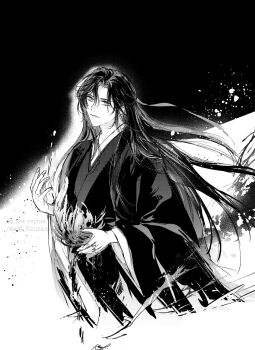Rule 34 | 1boy, aki uzuzame, aura, bishounen, black hair, black hanfu, chinese clothes, closed mouth, coat, commentary request, flower, greyscale, hair between eyes, hair down, hair ribbon, half updo, hanfu, headband, highres, holding, holding flower, light particles, light smile, long hair, long sleeves, looking at viewer, male focus, modao zushi, monochrome, official alternate costume, official alternate hairstyle, open clothes, open coat, ribbon, robe, sidelocks, smile, solo, twitter username, upper body, very long hair, wei wuxian, wei wuxian (yiling laozu), wide sleeves