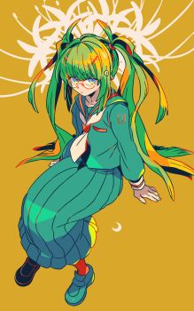 1girl arm_support blue_shoes collarbone commentary_request flower full_body glasses green_hair hair_ornament hairclip hatsune_miku highres long_hair long_skirt mizuki_tsukimori neckerchief pleated_skirt school_uniform serafuku shoes skirt solo spider_lily twintails vocaloid yellow_background