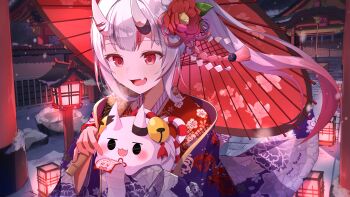 Rule 34 | :3, :d, absurdres, commentary request, fang, floral print, flower, hair between horns, hair flower, hair ornament, highres, holding, hololive, horns, japanese clothes, mk haku, multicolored hair, nakiri ayame, nakiri ayame (new year), oil-paper umbrella, oni, open mouth, outdoors, poyoyo (nakiri ayame), red eyes, red hair, shrine, skin-covered horns, skin fang, smile, umbrella, umbrella over shoulder, virtual youtuber, white hair
