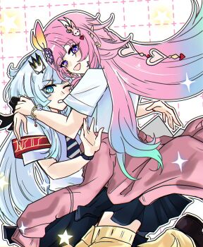 Rule 34 | 2girls, armband, black skirt, blue eyes, blue hair, cerydra (honkai: star rail), choikfu, chrysos heirs school uniform, clothes around waist, commentary, crown, cyrene (demiurge) (honkai: star rail), cyrene (honkai: star rail), diamond-shaped pupils, diamond (shape), grid background, hair ornament, highres, honkai: star rail, honkai (series), hug, long hair, mem (honkai: star rail), multicolored hair, multiple girls, necktie, one eye closed, pink hair, pink sweater, pointy ears, purple eyes, red armband, school uniform, shirt, skirt, smile, striped necktie, sweater, sweater around waist, symbol-only commentary, symbol-shaped pupils, two-tone hair, very long hair, white shirt