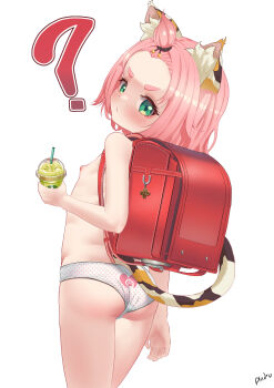 1girl ? absurdres andro_gs animal_ears annoyed ass backpack bag blush cat_ears cat_girl cat_tail diona_(genshin_impact) from_behind genshin_impact green_eyes highres legs loli looking_at_viewer looking_back medium_hair mihoyo nipples panties polka_dot polka_dot_panties print_panties randoseru solo standing tail thighs topless topless_female underwear white_background