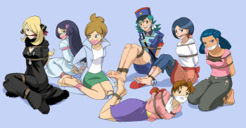 6+girls angry arms_behind_back professor_juniper bare_legs barefoot bdsm blonde_hair blue_eyes blue_hair bound bound_arms brown_eyes brown_hair cleave_gag cloth_gag collarbone cynthia_(pokemon) delia_ketchum fennel_(pokemon) gag gagged hat improvised_gag jenny_(pokemon) johanna_(pokemon) long_hair lost_one_zero mature_female meredith_(pokemon) multiple_girls nintendo over_the_nose_gag pokemon pokemon_(anime) pokemon_(classic_anime) pokemon_bw pokemon_dppt police police_hat police_uniform policewoman rope sitting skirt socks sweat tape tape_gag