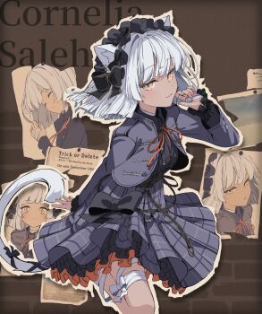 Rule 34 | 1girl, animal ears, bandaged leg, bandages, black shirt, blush, breasts, cat ears, cat girl, cat tail, commentary request, cover, cover page, frilled skirt, frills, hairband, highres, jacket, lolita fashion, lolita hairband, long sleeves, looking at viewer, medium hair, mikisai, novel cover, novel illustration, official art, open clothes, original, plaid clothes, plaid skirt, pleated skirt, purple jacket, purple skirt, shirt, skirt, small breasts, smile, solo, tail, white hair, yellow eyes