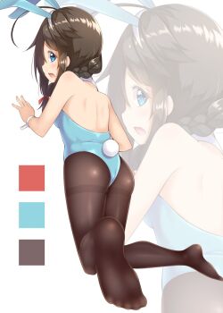 10s 1girl ass back backless_leotard blue_eyes blue_leotard braid brown_hair commentary feet female_focus from_behind gurande_(g-size) hair_between_eyes hands_up highres kantai_collection kneeling knees_together_feet_apart leotard looking_at_viewer looking_back no_shoes open_mouth pantyhose playboy_bunny red_ribbon ribbon shigure_(kancolle) shigure_kai_ni_(kancolle) simple_background single_braid soles solo square thighband_pantyhose thighs white_background wrist_cuffs zoom_layer
