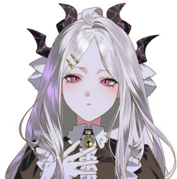1girl ahoge bell black_dress black_horns blue_archive blush closed_mouth commentary_request demon_girl demon_horns dress frills gloves hair_ornament hairclip half-closed_eyes hand_on_own_chest head_tilt hina_(blue_archive) horns korean_commentary light_frown long_hair looking_at_viewer maid multiple_horns neck_bell parted_bangs portrait puffy_sleeves purple_eyes simple_background sinkae_44 solo white_background white_gloves white_hair