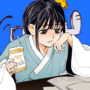 1girl @_@ black_hair blue_background blue_hanbok book cheek_press coffee_milk commentary_request drinking_straw drooling drunk facial_mark half-closed_eyes hanbok hand_on_own_cheek hand_on_own_face hands_up head_rest holding korea korean_clothes korean_text long_sleeves looking_down mouth_drool nanimonothing open_book original parted_lips peanuts_(comic) personification sidelocks simple_background snoopy solo south_korea_(nanimonothing) table upper_body wide_sleeves woodstock zoom_layer