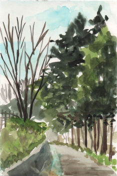 absurdres bare_tree blue_sky day fence fumeshi highres iron_fence landscape no_humans original painting_(medium) park path road scenery sky traditional_media tree watercolor_(medium)