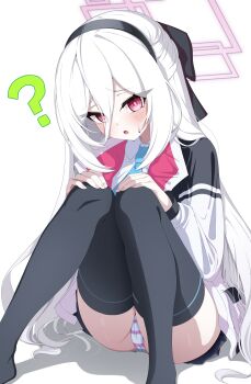 1girl :o ? absurdres black_bow black_hairband black_thighhighs blue_archive blue_necktie blush bow cameltoe collared_shirt double-parted_bangs feet_out_of_frame fingernails furrowed_brow hair_between_eyes hair_bow hair_over_shoulder hairband half_updo halo hands_on_own_knees highres jacket kei_(blue_archive) kei_(new_body)_(blue_archive) knees_together_feet_apart knees_up loli long_hair long_hair_between_eyes long_sleeves looking_at_viewer necktie no_shoes open_clothes open_jacket open_mouth panties pink_halo rectangular_halo red_eyes rei_hinasuki ringed_eyes school_uniform shadow shirt sidelocks simple_background sitting solo striped_clothes striped_panties sweatdrop thighhighs thighs underwear very_long_hair white_background white_hair white_jacket white_shirt