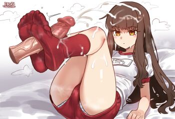 1boy 1girl absurdres ass bad_link bare_legs breasts brown_hair buruma cum cum_on_body cum_on_legs ebora ejaculation emotionless_sex empty_eyes expressionless facial fate/extra fate_(series) feet foot_pussy footjob footjob_with_legwear gym_uniform hetero highres kishinami_hakuno_(female) legs looking_at_penis looking_at_viewer no_shoes panties panties_under_buruma penis projectile_cum red_buruma red_socks ribbed_socks shirt sidelocks small_breasts socks soles striped_clothes striped_panties thighs two-footed_footjob uncensored underwear white_shirt yellow_eyes