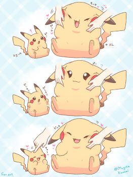 1other :3 :d ? artist_name blue_background brown_eyes cheek_pull closed_eyes closed_mouth commentary_request disembodied_hand flailing gen_1_pokemon highres mugita_konomi nintendo open_mouth pikachu pokemon pokemon_(creature) smile