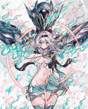 1girl armor black_hairband black_jacket blush breasts burnt_clothes cowboy_shot cropped_jacket fire firefly_(honkai:_star_rail) green_fire green_skirt green_thighhighs grey_armor grey_hair hair_between_eyes hair_intakes hair_ornament hairband helmet henshin highres holding honkai:_star_rail honkai_(series) jacket large_breasts long_hair looking_at_viewer navel neckerchief orange_neckerchief parted_lips power_armor sam_(honkai:_star_rail) shirt skirt thighhighs usa_(usagi_minku) white_shirt