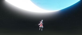 1girl 3d arm_up ascot blender_(medium) bobby_socks bow brown_hair detached_sleeves energy_ball full_body gohei hair_bow hakurei_reimu holding holding_stick mary_janes minust petticoat red_bow red_skirt red_vest shoes skirt socks solo space stick touhou vest wide_sleeves yellow_ascot