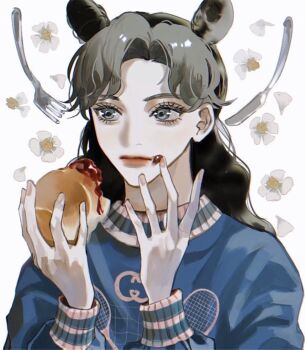 Rule 34 | 1girl, commentary, double bun, flower, food, fork, hair bun, holding, holding food, jojo no kimyou na bouken, kuujou jolyne, long hair, masakenme, multicolored hair, solo, stone ocean, two-tone hair
