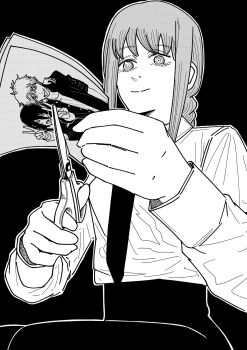 Rule 34 | 1boy, 2girls, arm around shoulder, black background, black necktie, black pants, braid, breasts, chainsaw man, closed mouth, collared shirt, commentary request, couple, cutting, denji (chainsaw man), fujimoto tatsuki (style), gakuran, greyscale, hetero, highres, holding, holding photo, holding scissors, light smile, long hair, makima (chainsaw man), medium breasts, monochrome, multiple girls, necktie, open mouth, pants, photo (object), reze (chainsaw man), ringed eyes, rkun pixiv, school uniform, scissors, shirt, sidelocks, single braid, smile, v, white shirt, yandere