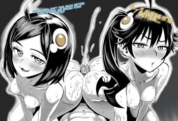 1boy 2girls :3 ahoge araragi_karen araragi_tsukihi bakemonogatari blush breasts bright_pupils buttjob collarbone commentary completely_nude cooperative_buttjob cum egg_hair_ornament ejaculation english_commentary english_text ffm_threesome food-themed_hair_ornament greyscale group_sex hair_between_eyes hair_ornament highres implied_incest kunitoro_(artist) looking_at_viewer medium_breasts monochrome monogatari_(series) multiple_girls naughty_face nipples nose_blush nude open_mouth penis pov projectile_cum seductive_smile short_hair side_ponytail smile swept_bangs teamwork_(sexual) threesome uncensored