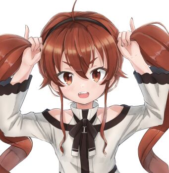 1girl alternate_hairstyle arms_up blush breasts bunching_hair eris_greyrat fang hairband highres long_hair looking_at_viewer mushoku_tensei playing_with_own_hair red_eyes red_hair small_breasts smile teeth twintails very_long_hair