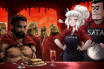 1girl 300_(movie) 6+boys beard cup demon_girl demon_tail drinking_glass facial_hair food greek_helmet haraya_manawari helltaker helltaker_(character) hoplite horns leonidas_i lucifer_(helltaker) multiple_boys pancake red_shirt shirt sunglasses tail white_horns wine_glass